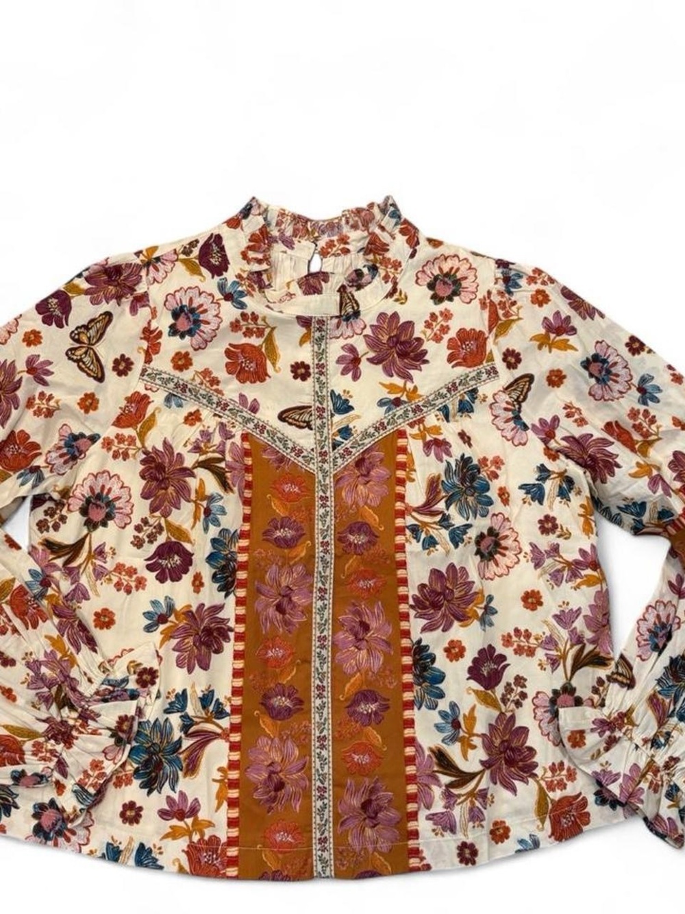 Boho Floral Embroidered Blouse - Cream Multicolor